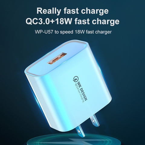 WK WP-U57 Max 18W Maxspeed QC3.0 Fast Charger + USB to 8 Pin Data Cable, US Plug, EU Plug, UK Plug