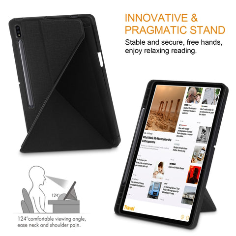 Cloth Texture Multi-folding Horizontal Flip PU Leather Shockproof Case with Holder & Sleep / Wake-up Function, For Samsung Galaxy Tab S8+ / Tab S8 Plus /  Tab S7 FE / Tab S7+ T970 / T975, For Samsung Galaxy Tab S8 / Galaxy Tab S7 T870                  ...