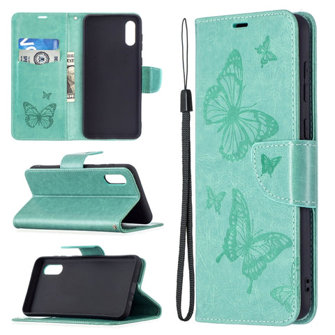 Embossing Two Butterflies Pattern Horizontal Flip PU Leather Case with Holder & Card Slot & Wallet & Lanyard, For Samsung Galaxy A02