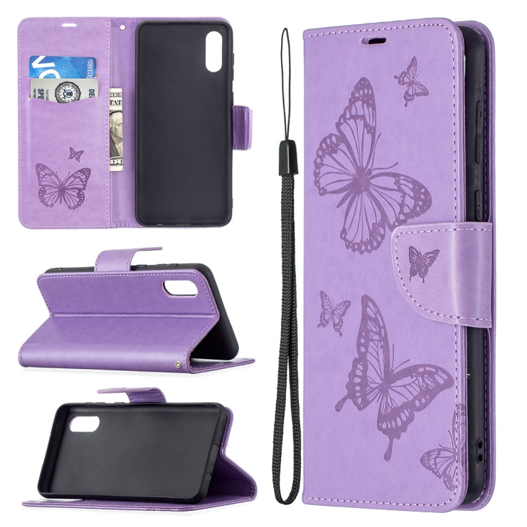Embossing Two Butterflies Pattern Horizontal Flip PU Leather Case with Holder & Card Slot & Wallet & Lanyard, For Samsung Galaxy A02