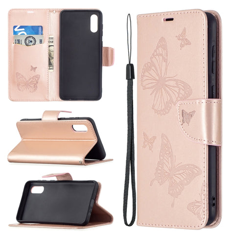 Embossing Two Butterflies Pattern Horizontal Flip PU Leather Case with Holder & Card Slot & Wallet & Lanyard, For Samsung Galaxy A02