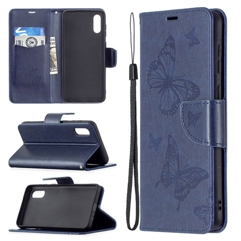 Embossing Two Butterflies Pattern Horizontal Flip PU Leather Case with Holder & Card Slot & Wallet & Lanyard, For Samsung Galaxy A02