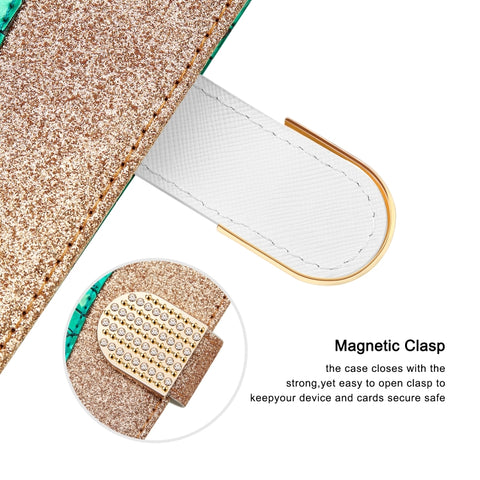 Laser Glitter Powder Matching Crocodile Texture Horizontal Flip Leather Case with Card Slots & Holder & Wallet, For Samsung Galaxy A22 4G, For Samsung Galaxy A22 5G