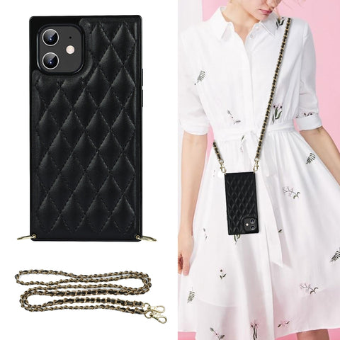 Elegant Rhombic Pattern Microfiber Leather +TPU Shockproof Case with Crossbody Strap Chain, For iPhone 12 mini, For iPhone 12 / 12 Pro, For iPhone 12 Pro Max