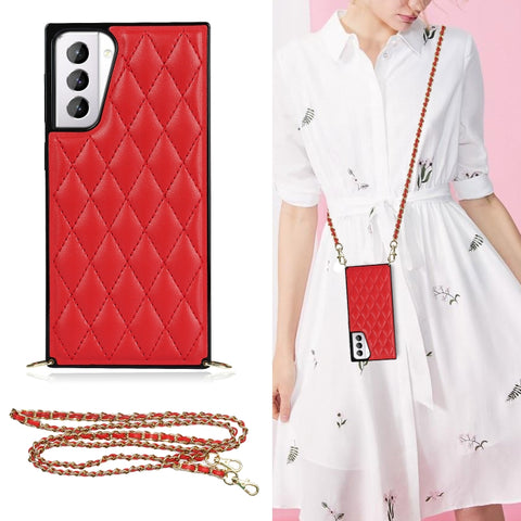 Elegant Rhombic Pattern Microfiber Leather +TPU Shockproof Case with Crossbody Strap Chain, For Samsung Galaxy S20, For Samsung Galaxy S20+, For Samsung Galaxy S21 5G, For Samsung Galaxy S21+ 5G