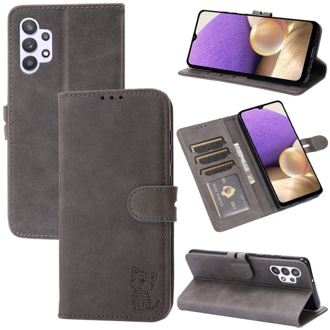 Embossed Happy Cat Pattern Horizontal Flip Leather Case with Holder & Card Slots & Wallet, For Samsung Galaxy S21 FE, For Samsung Galaxy A12, For Samsung Galaxy A22 4G, For Samsung Galaxy A22 5G EU Version, For Samsung Galaxy A32 4G                    ...