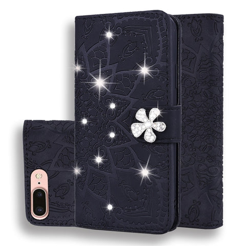 Calf Pattern Diamond Mandala Double Folding Design Embossed Leather Case with Wallet & Holder & Card Slots, For iPhone 6 / 6s, For iPhone 6 Plus / 6s Plus, For iPhone 7 / 8, For iPhone 7 Plus / 8 Plus, For iPhone X / XS, For iPhone XR, For iPhone XS Ma...