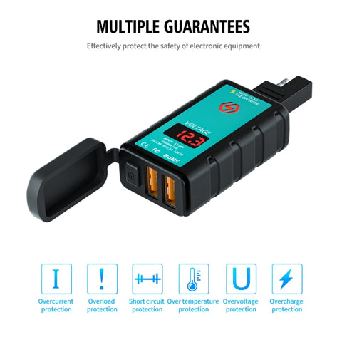 WUPP ZH-1422A3 DC12-24V Motorcycle Square Dual USB Fast Charging Charger with Switch + Voltmeter + Integrated SAE Socket + 1.4m OT Terminal Cable, ZH-1422A3