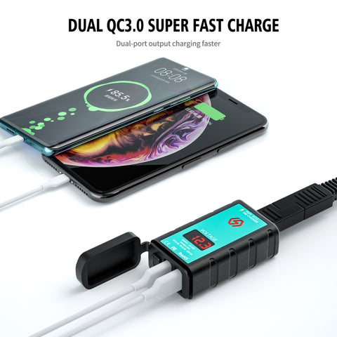 WUPP ZH-1422A3 DC12-24V Motorcycle Square Dual USB Fast Charging Charger with Switch + Voltmeter + Integrated SAE Socket + 1.4m OT Terminal Cable, ZH-1422A3