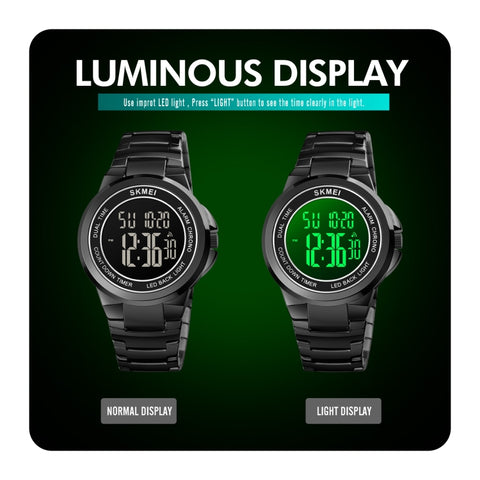 SKMEI 1712 Dual Time LED Digital Display Luminous Stainless Steel Strap Electronic Watch