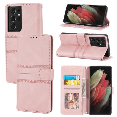 Embossed Striped Magnetic Buckle PU + TPU Horizontal Flip Leather Case with Holder & Card Slot & Wallet & Photo Frame & Sling, For Samsung Galaxy S20 FE 5G, For Samsung Galaxy S21 5G, For Samsung Galaxy S21+ 5G, For Samsung Galaxy S21 Ultra 5G         ...