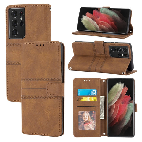 Embossed Striped Magnetic Buckle PU + TPU Horizontal Flip Leather Case with Holder & Card Slot & Wallet & Photo Frame & Sling, For Samsung Galaxy S20 FE 5G, For Samsung Galaxy S21 5G, For Samsung Galaxy S21+ 5G, For Samsung Galaxy S21 Ultra 5G         ...