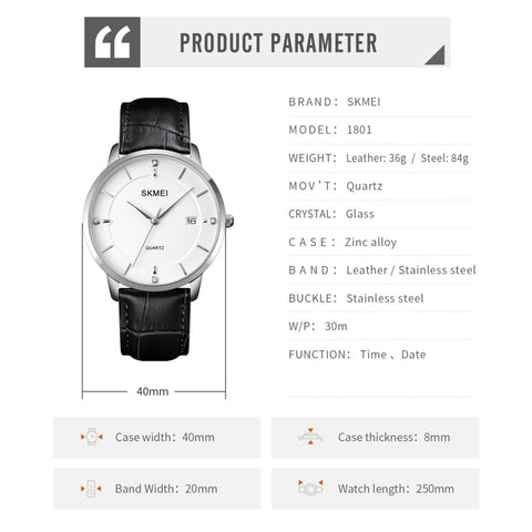 SKMEI 1801 Men Casual Calendar Quartz Watch