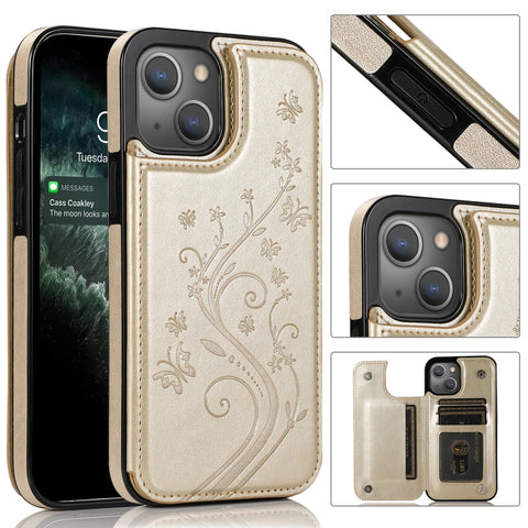 Butterflies Flowers Double Buckle PU + TPU Protective Case with Holder & Card Slots & Photo Frame, For iPhone 13 mini, For iPhone 13, For iPhone 13 Pro, For iPhone 13 Pro Max