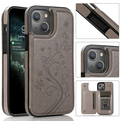 Butterflies Flowers Double Buckle PU + TPU Protective Case with Holder & Card Slots & Photo Frame, For iPhone 13 mini, For iPhone 13, For iPhone 13 Pro, For iPhone 13 Pro Max