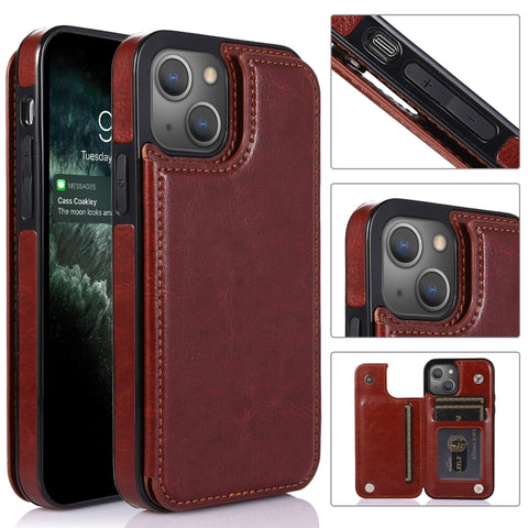 Double Buckle Shockproof PU Protective Case with Card Slots & Holder, For iPhone 13, For  iPhone 13 Mini, For iPhone 13 Pro, For iPhone 13 Pro Max
