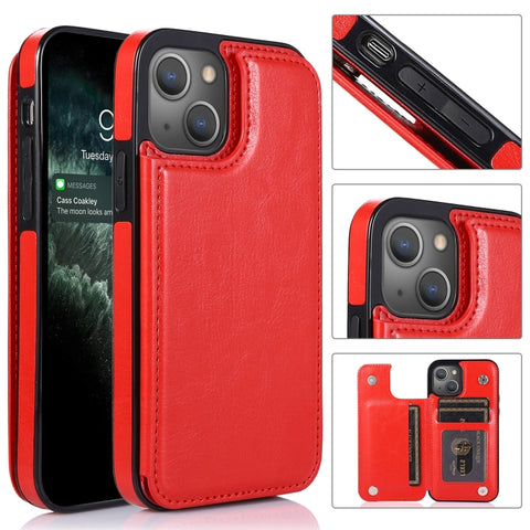 Double Buckle Shockproof PU Protective Case with Card Slots & Holder, For iPhone 13, For  iPhone 13 Mini, For iPhone 13 Pro, For iPhone 13 Pro Max
