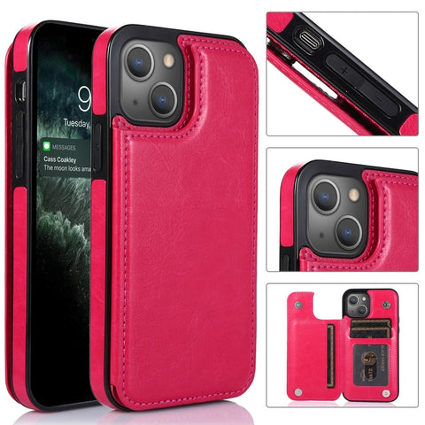 Double Buckle Shockproof PU Protective Case with Card Slots & Holder, For iPhone 13, For  iPhone 13 Mini, For iPhone 13 Pro, For iPhone 13 Pro Max