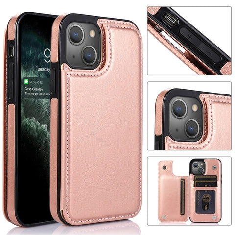 Double Buckle Shockproof PU Protective Case with Card Slots & Holder, For iPhone 13, For  iPhone 13 Mini, For iPhone 13 Pro, For iPhone 13 Pro Max