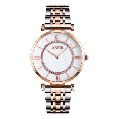 SKMEI 9198 Simple Roman Numeral Dial Metal Belt Quartz Watch for Couples