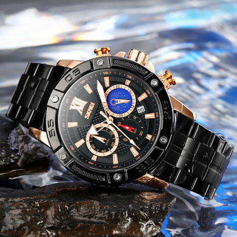 SKMEI 9235 Men Moonphase Stopwatch Stainless Steel Strap Quartz Watch