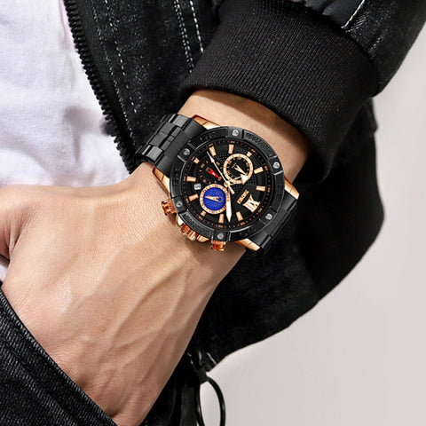 SKMEI 9235 Men Moonphase Stopwatch Stainless Steel Strap Quartz Watch