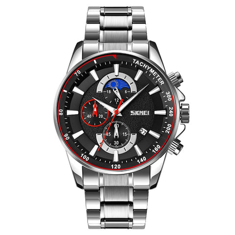 SKMEI 9250 Men Moonphase Stopwatch Date Six Pin Stainless Steel Strap Quartz Watch