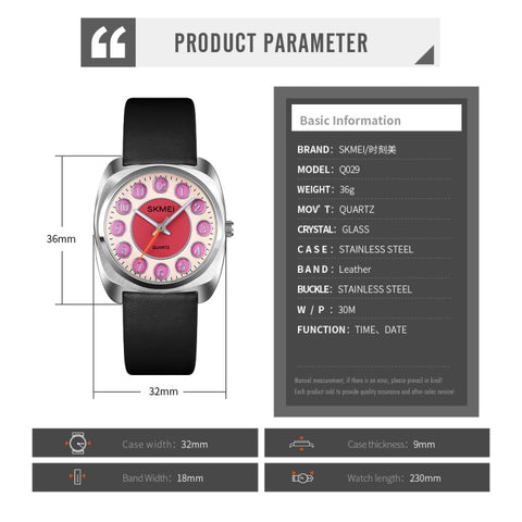 SKMEI Q029 Ladies Phone Number Pattern Dial Leather Strap Quartz Watch