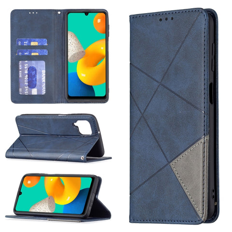 Rhombus Texture Horizontal Flip Magnetic Leather Case with Holder & Card Slots, For Samsung Galaxy M32
