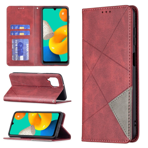 Rhombus Texture Horizontal Flip Magnetic Leather Case with Holder & Card Slots, For Samsung Galaxy M32