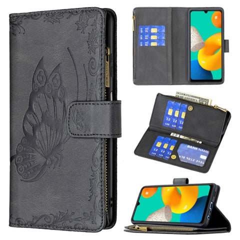 Flying Butterfly Embossing Pattern Zipper Horizontal Flip Leather Case with Holder & Card Slots & Wallet, For Samsung Galaxy M32