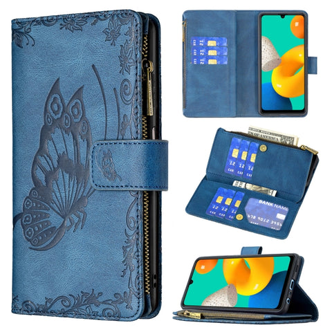 Flying Butterfly Embossing Pattern Zipper Horizontal Flip Leather Case with Holder & Card Slots & Wallet, For Samsung Galaxy M32