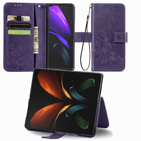 Four-leaf Clasp Embossed Buckle Mobile Phone Protection Leather Case with Lanyard & Card Slot & Wallet & Bracket Function, For Samsung Galaxy Z Fold3 5G