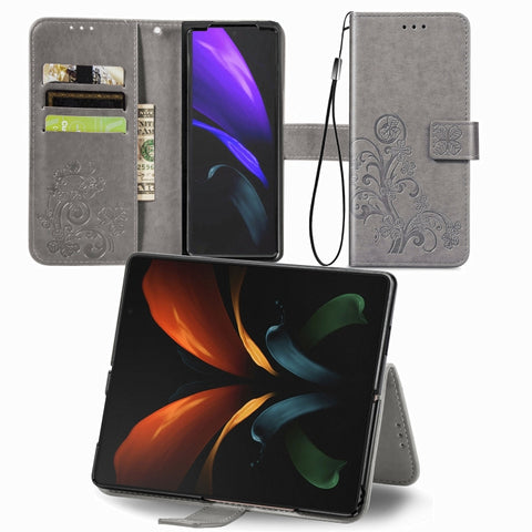 Four-leaf Clasp Embossed Buckle Mobile Phone Protection Leather Case with Lanyard & Card Slot & Wallet & Bracket Function, For Samsung Galaxy Z Fold3 5G