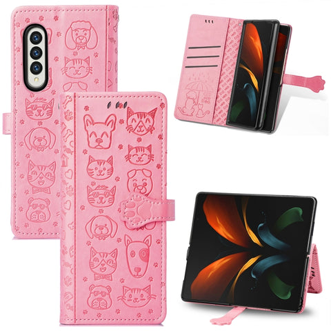 Lovely Cat and Dog Embossing Pattern Horizontal Flip Leather Case , with Holder & Card Slots & Wallet, For Samsung Galaxy Z Fold3 5G