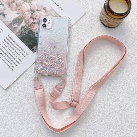 Gradient Glitter Powder Epoxy TPU Thickened Acrylic Shockproof Case with Wide Neck Lanyard, For iPhone 13 mini, For iPhone 13, For iPhone 13 Pro, For iPhone 13 Pro Max, For iPhone 12 mini, For iPhone 12 / 12 Pro, For iPhone 12 Pro Max, For iPhone 11   ...