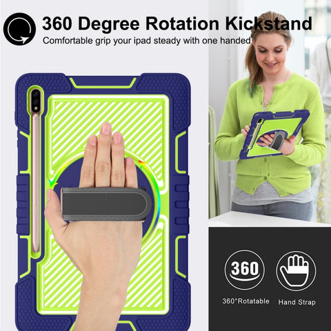 360 Degree Rotation Contrast Color Shockproof Silicone + PC Case with Holder & Hand Grip Strap & Shoulder Strap, For Samsung Galaxy Tab S7 FE T730 / T735