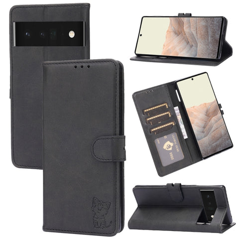 Embossed Happy Cat Pattern Horizontal Flip Leather Case with Holder & Card Slots & Wallet, For Google Pixel 6, For Google Pixel 6 Pro