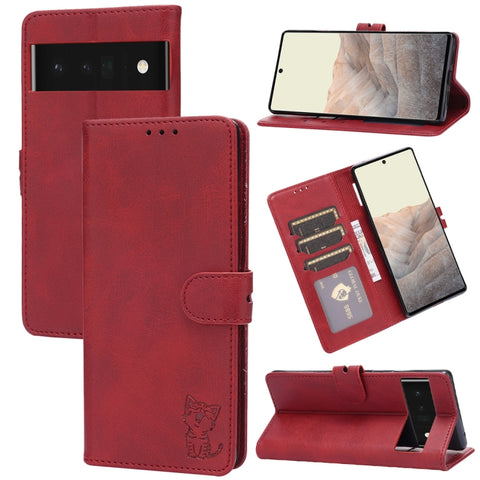 Embossed Happy Cat Pattern Horizontal Flip Leather Case with Holder & Card Slots & Wallet, For Google Pixel 6, For Google Pixel 6 Pro