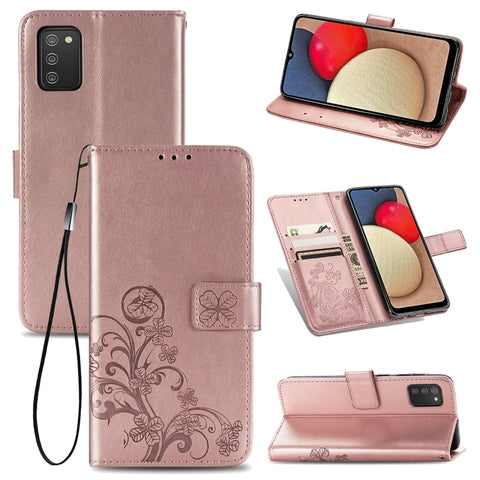 Four-leaf Clasp Embossed Leather Case with Lanyard & Card Slot & Wallet & Holder, For Samsung Galaxy A03s 166mm