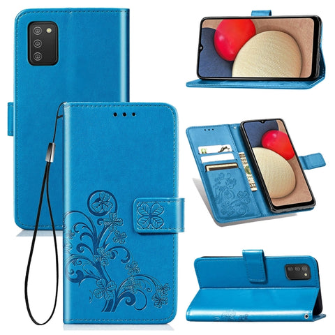 Four-leaf Clasp Embossed Leather Case with Lanyard & Card Slot & Wallet & Holder, For Samsung Galaxy A03s 166mm