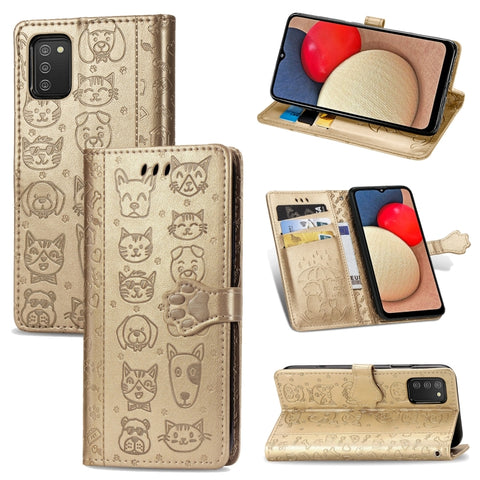 Cute Cat and Dog Embossed Horizontal Flip Leather Case with Holder & Card Slots & Wallet & Lanyard, For Samsung Galaxy A03s 166mm