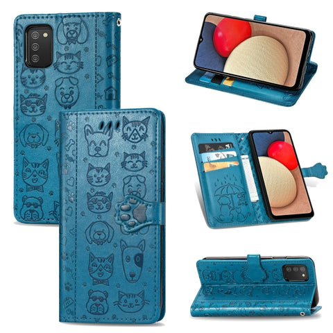 Cute Cat and Dog Embossed Horizontal Flip Leather Case with Holder & Card Slots & Wallet & Lanyard, For Samsung Galaxy A03s 166mm
