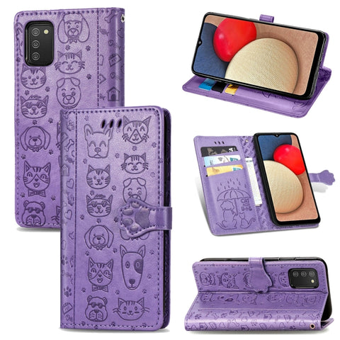 Cute Cat and Dog Embossed Horizontal Flip Leather Case with Holder & Card Slots & Wallet & Lanyard, For Samsung Galaxy A03s 166mm