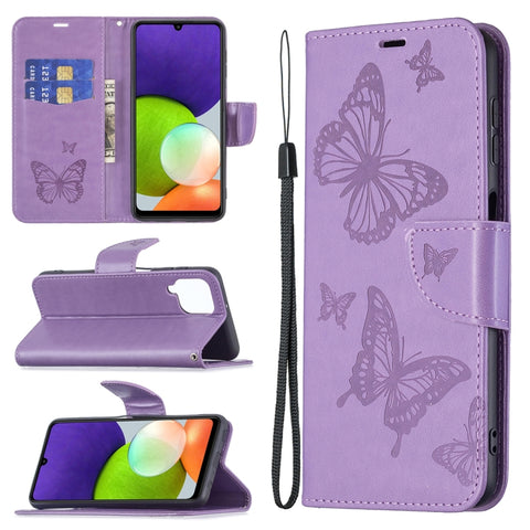 Embossing Two Butterflies Pattern Horizontal Flip Leather Phone Case with Holder & Card Slot & Wallet & Lanyard, For Samsung Galaxy A22 4G