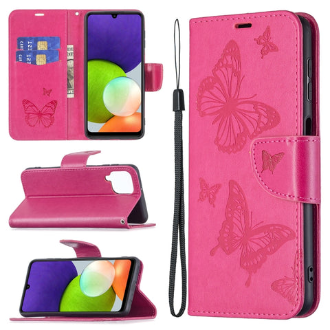 Embossing Two Butterflies Pattern Horizontal Flip Leather Phone Case with Holder & Card Slot & Wallet & Lanyard, For Samsung Galaxy A22 4G