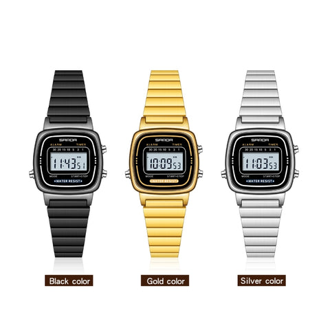 SANDA 6053 Square LED Digital Display Dial Running Seconds Alarm Clock Electronic Watch for Women