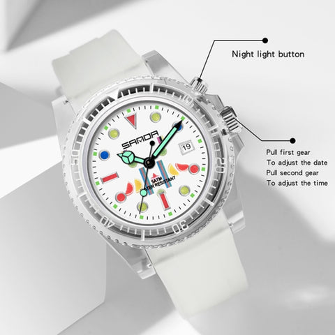 SANDA 6078 Fluorescent Calendar Dial Transparent Strap Quartz Watch for Women