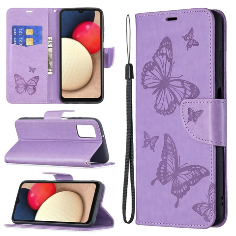 Embossing Two Butterflies Leather Phone Case, For Samsung Galaxy A03s 166mm