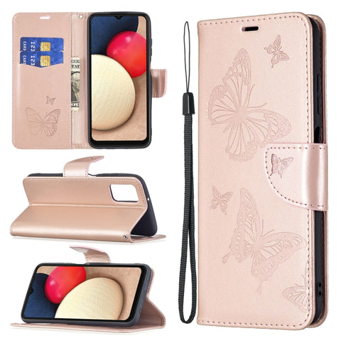 Embossing Two Butterflies Leather Phone Case, For Samsung Galaxy A03s 166mm